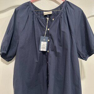 Blue button front puffed sleeve cotton blouse